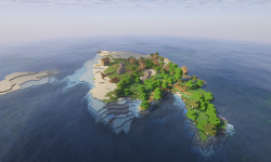 Сид на старт у берега, корабли и остров с деревней