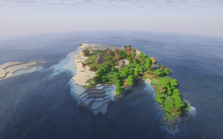 Сид на старт у берега, корабли и остров с деревней