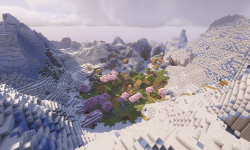 Сид на вишневый кратер среди снежных вершин