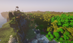 Сид на деревню на холме у мангрового болота и корабль