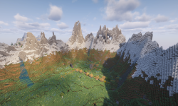 Сид на кольцо снежных гор и деревню на цветущем лугу