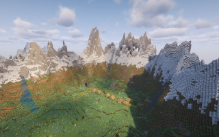 Сид на кольцо снежных гор и деревню на цветущем лугу