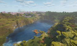 Сид на вишневую рощу, саванну и древний городом под горами