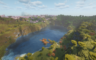 Сид на вишневую рощу, саванну и древний городом под горами