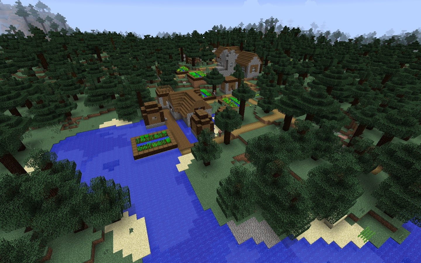 В этом сиде для Minecraft спавн - в биоме тайги, на окраине деревни из темн...