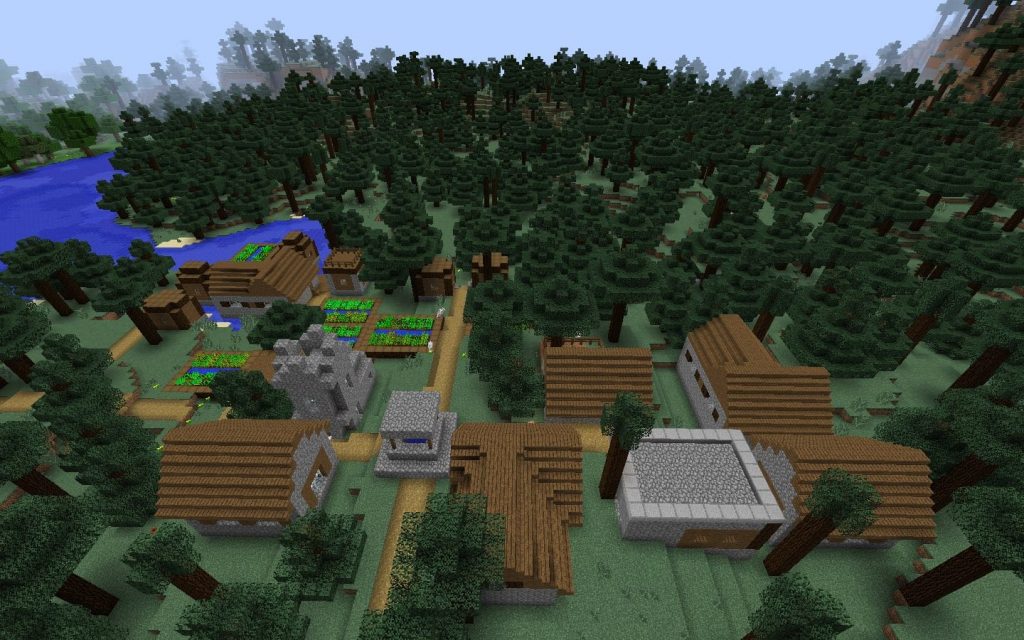 В этом сиде для Minecraft спавн - в биоме тайги, на окраине деревни из темн...