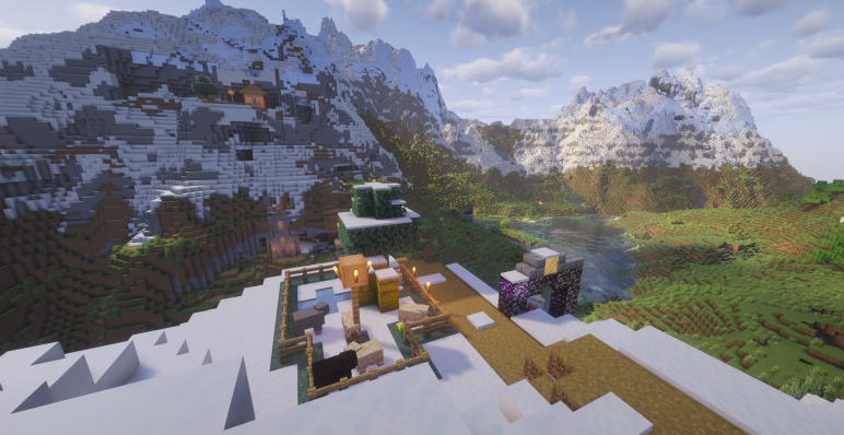 Деревня у подножий гор с порталом