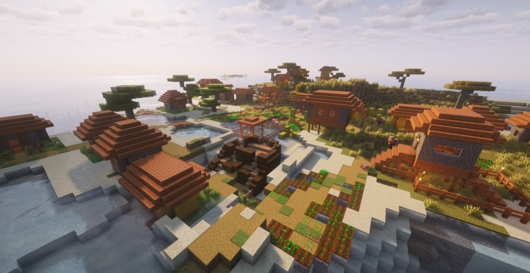 Деревня на острове с затонувшим кораблем, выброшенным на сушу