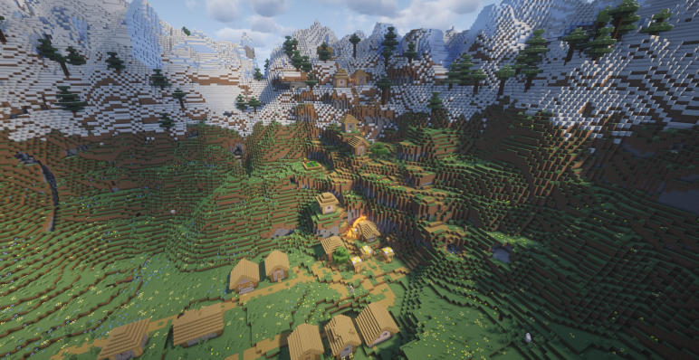 Луговой котлован среди замерзших вершин с деревней