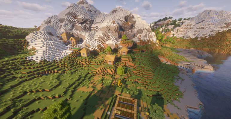 Деревня, спускающаяся со снежного склона