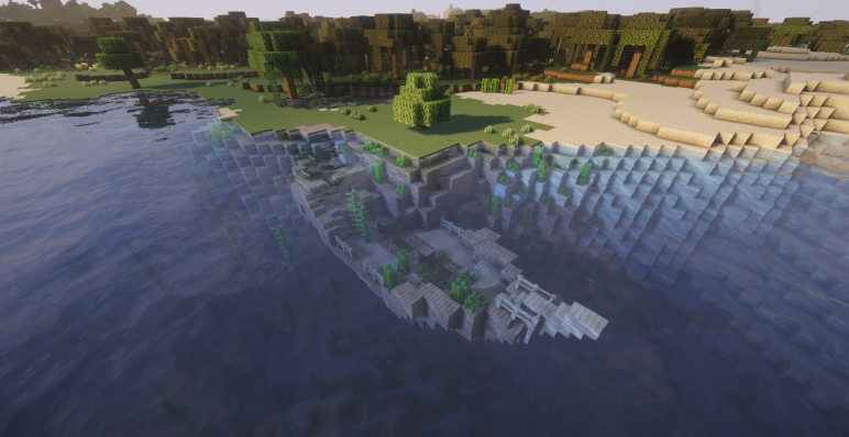 Почти целый затонувший корабль под водой