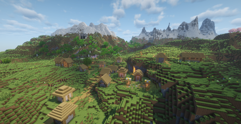 Деревня на равнинах у цветочного леса