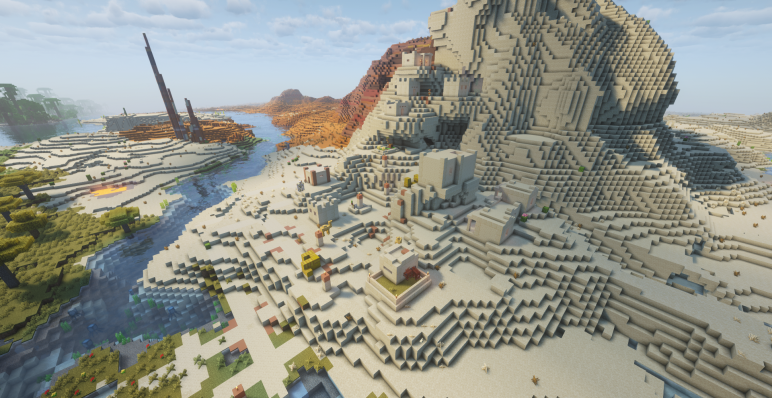 Пустыня и деревня на песчаном склоне